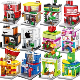 Bloques de construcción altos de juguete calle Mini tienda de bloques de construcción de la ciudad