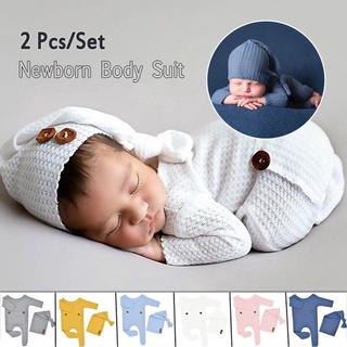 Bebé recién nacido fotografía Prop pie mameluco botón mono conjunto de sombrero/bebés (8)
