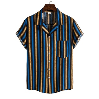 ✮Tj✰Los hombres de la moda de rayas camisa Casual de manga corta botones de solapa superior para compras ropa diaria