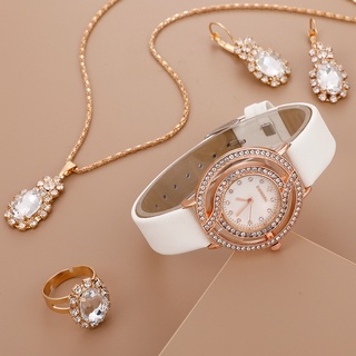4 Piezas De Reloj De Lujo Para Mujer Correa De Cuero Diamantes De Imitación (Collar/Anillo/Pendientes) (6)