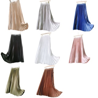Treutoyeu gótico metálico Color plisado falda larga Vintage faldas altas para mujer moda falda larga (4)