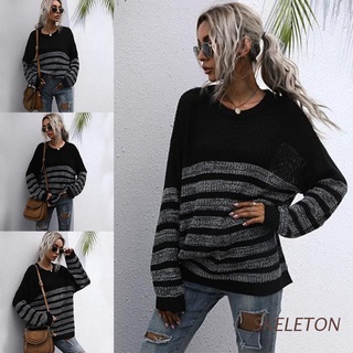 SKELETON Women Long Sleeve Round Neck Sweater Striped Patchwork Crochet Knitted Pullover Tunic Tops Casual Oversized Loose Jumper Shirt Autumn Streetwear