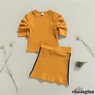Chf-Baby manga corta + falda, colores vibrantes rayas laterales cintura alta cuello redondo ropa de verano
