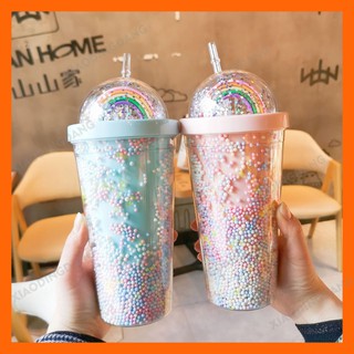 Easylife 550ML arco iris estrella fría taza vaso de doble capa de plástico taza de café vaso con paja botella de agua reutilizable