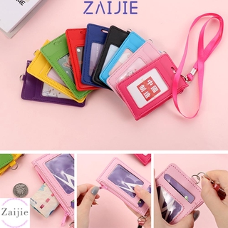 Zaijie nuevo caso de tarjeta escolar suministros de oficina cremallera bolsa de identificación titulares de cuero sintético con cordón moda multicolor carteras