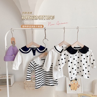 Girls' Spring and Autumn Clothes Online Red Baby Foreign Style Lapel Polka DotTBaby Shirt All-Matching Striped Long Sleeve Bottoming Shirt【9Month13Day After】