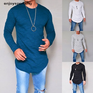 [enjoysportshg] camiseta de gimnasio para hombre, manga larga, slim fit, manga larga, dobladillo curvado, casual [caliente]