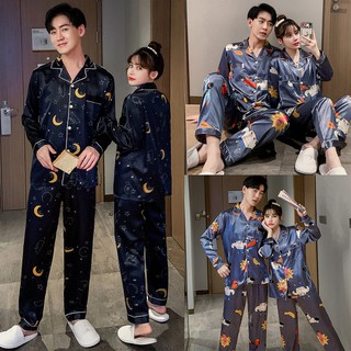 Mujer macho parejas de seda satén pijama conjunto Unisex Buja Tidur Perempuan de manga larga ropa de dormir pijamas traje