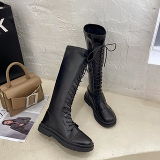 Negro de suela gruesa delgada con cordones botas de tubo alto de tubo largo botas de caballero mujeres 2021 otoño e invierno nuevo