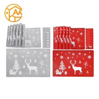 Mantel individual de navidad lavable, juego de 6 manteles y 6 alfombrillas, alce, árbol de navidad, copo de nieve impreso (gris)