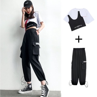 Conjunto de 3 piezas de las mujeres Harajuku pantalones de carga y Crop Tops camiseta traje de verano 2021 pantalones chándal Casual