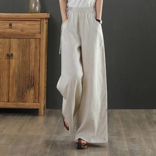 Mujer algodón y lino cintura alta gran tamaño suelto casual pantalones (9)