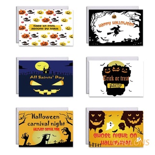 ghulons 6 unids/set de tarjetas de felicitación de halloween con sobres pegatinas feliz halloween diseños de calabaza postales truco o tratar suministros de fiesta