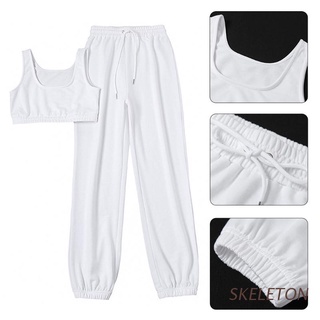 SKELETON Women 2pcs Sport Yoga Outfits Set Sleeveless Crop Tank Top and High Waist Drawstring Jogger Pants Solid Color Tracksuit