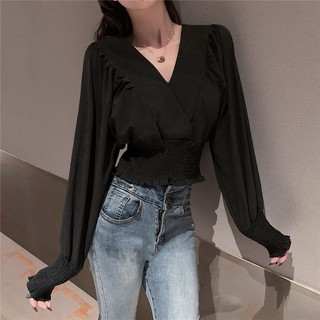 Otoño V-cuello ins diseño sentido cruz cintura suelta camisa corta 2020 nuevo estilo coreano de manga larga top mujeres tendencia s (8)