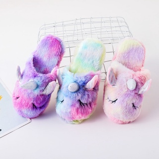 animal de dibujos animados de los niños suave caliente unicornio zapatillas para las niñas arco iris unicornio kigurumi pijamas zapatos niñas zapatillas para niños