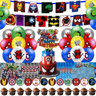 marvel los vengadores tema spiderman hulk fiesta decoración conjunto niño regalos de cumpleaños tarjeta de invitación bandera pastel topper tarjeta globo (6)