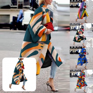 jiaduiz Long Length Women Coat Straight Lapel Women Coat Geometric Pattern for Outdoor