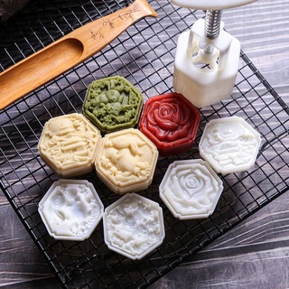 col 50g Mooncake Barrel Mold with 4pcs Square Flower Stamps Hand Press Moon Cake Pastry Mould DIY Bakeware Mid-autumn Festival (8)