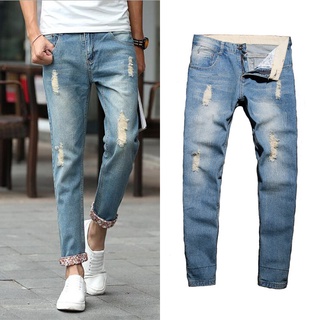 Los hombres jóvenes Casual angustiado Jeans de los hombres de la moda recta Slim destruir lavado Jeans de los hombres Jeans Slim Fit Denim