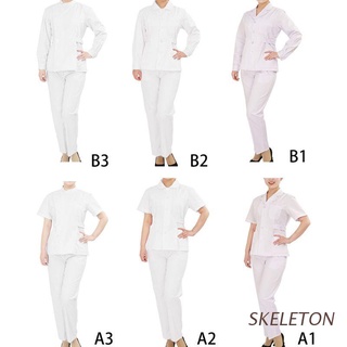 SKELETON Women Two Piece Nurse Uniform Set White Multi-Pocket Button Down Tops Shirts Casual Long Pants Loose Suits Dental Clinic