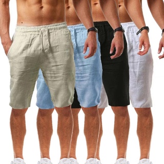 New Fashion Summer Men's Linen Solid Color Drawstring Shorts Pocket Five-point Pants Swimming Shorts Soft Quick-drying Shorts