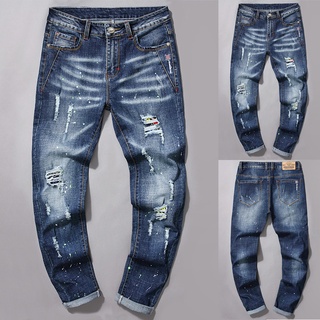 Janesame_fashion hombres Casual personalidad impresión Slim Fit Denim Jeans pantalones