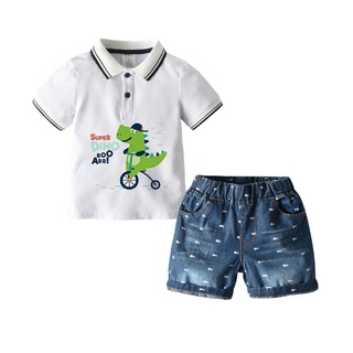 ❃Aw☼Little boy camiseta y Jeans conjunto de dibujos animados dinosaurio manga corta Tops y hueso de pescado impresión pantalones cortos