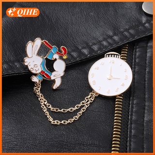 Fashion Bunny Walking Chain Clock Brooch Pins on Time Animal Brooches Clothes Lapel Badge Cartoon Jewelry Gift for Friend