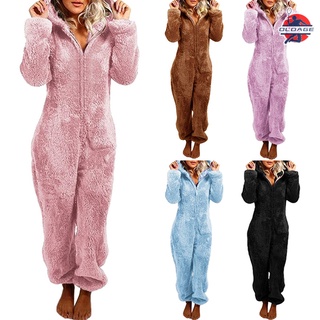 adorable cremallera con capucha mono de las mujeres de lana pijama largo pantalones ropa de dormir de felpa sudaderas con capucha ropa de dormir
