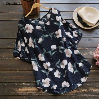 Oneleft más el tamaño de las mujeres de lino de algodón Floral Tops de las señoras de verano holgado camisetas blusa mi (5)
