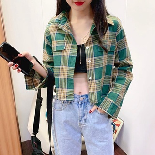 Polocollar Manga larga Estilo occidental suelto Retro Primavera verano otoño nueva Moda Estilo Coreano Camisa cuadros Top corto Para mujeres