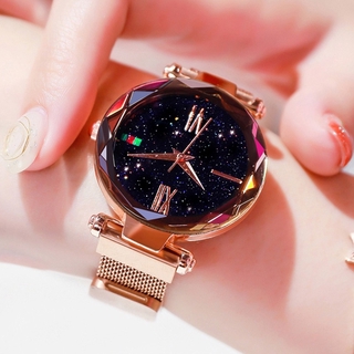 Lujo de oro rosa mujeres analógico reloj imán cielo estrellado reloj de pulsera para las señoras femeninas impermeable reloj de pulsera parejas regalo de navidad