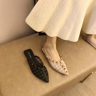 Sweetc Kasut Perempuan mujer zapatos planos moda al aire libre diamantes de imitación puntiagudo malla plana mulas