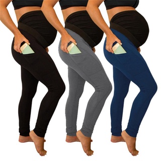 Mujer primavera y verano cómodo cintura alta costura bolsillos laterales largos pantalones de maternidad (1)