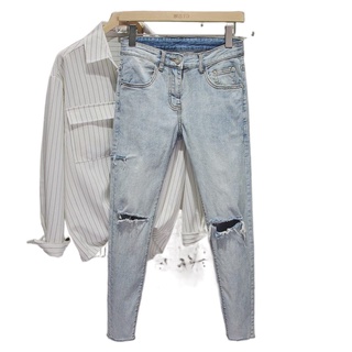 Jeans Hombres S Verano Nuevo 2021 Color Claro Nueve Puntos Agujero Marea Marca 9 Versión De Los Pantalones Casuales Delgados