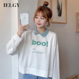 IELGY women's clothing polo collar thin Short Solid color top Korean version letters long sleeves loose