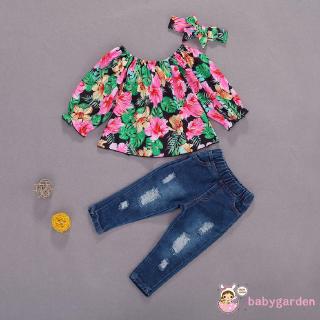 Juego de ropa de bebé niña de 1-5 años de manga corta Floral pantalones vaqueros de manga corta+Tops de volantes de flores (1)