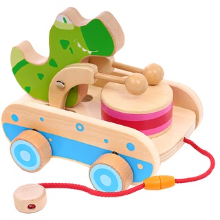 de madera de color brillante de madera de cocodrilo tambor tire de juguete temprano educativo cocodrilo tambor remolque coche juguete para bebé caminar entrenamiento