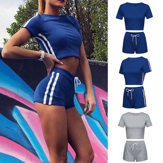 Women Sports Suit Two Piece Set Summer Casual Striped Short Sleeve Crop Tops and Shorts Set Ladies Sexy Slim Short Tracksuit