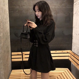 Nueva falda de estilo coreano para mujer, vestido de cintura negra de Otoño, para mujer, pequeño vestido negro, cinturón para adelgazar la cintura