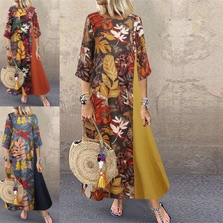 Wanita Fesyen Musim Luruh Cetakan Bunga Jahitan Pakaian Panjang Vintage O Leher 3/4 Lengan Plus Saiz Pakaian