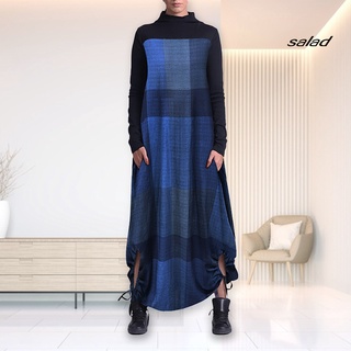 sd- vestido de mujer de manga larga suelta a cuadros impresión bloque de color maxi streetwear para otoño