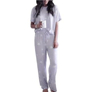 mujeres impreso ropa de dormir cuello redondo manga corta tops con pantalones largos pijama conjunto (5)