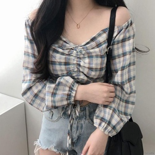 Blusa de manga larga con cordón sin tirantes para mujer coreana con hombros descubiertos