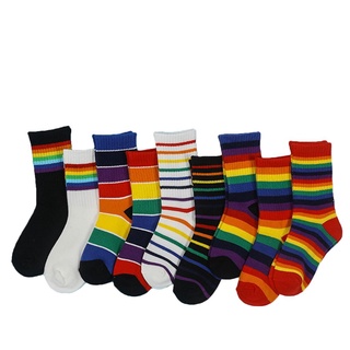 ❀Ze✮Otoño e invierno calcetines infantiles fresco arco iris longitud de pantorrilla medias de algodón rayas calcetines