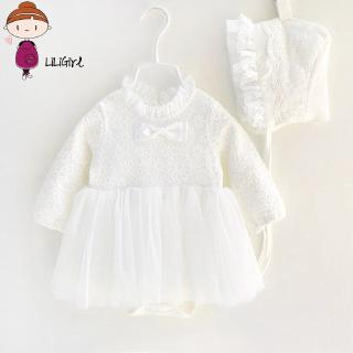 Princesa de encaje bebé niña vestido de manga larga gasa vestido de fiesta bebé blanco niñas vestidos y sombreros