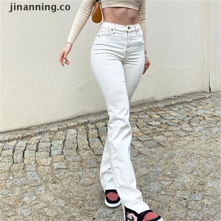 [jinanning] pantalones blancos de longitud completa para mujer pantalones hendiduras tendencia cintura alta slim jeans mujeres [co] (3)