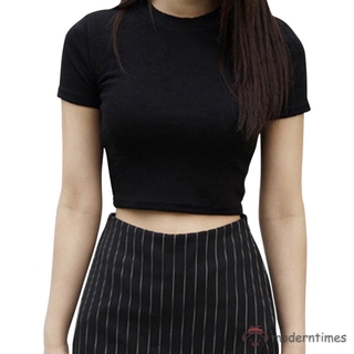 Mujeres Verano Camisetas Manga Corta Cuello Redondo Slim Fit Casual Jersey Crop Tops (8)