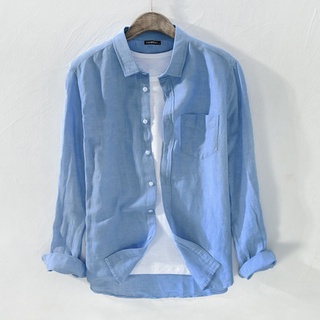 camisas holgadas casuales de algodón lino manga larga cuello para hombre (1)